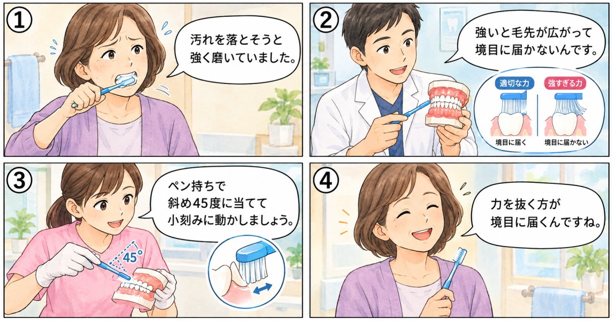 人工歯根の周りの歯ぐきを守る歯ブラシの当て方と力加減